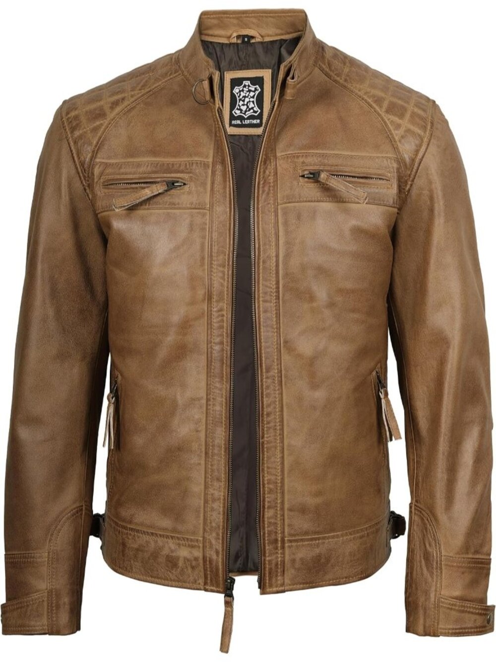 Men’s Camel Genuine Lambskin Leather Cafe Racer Motorcycle Jacket
